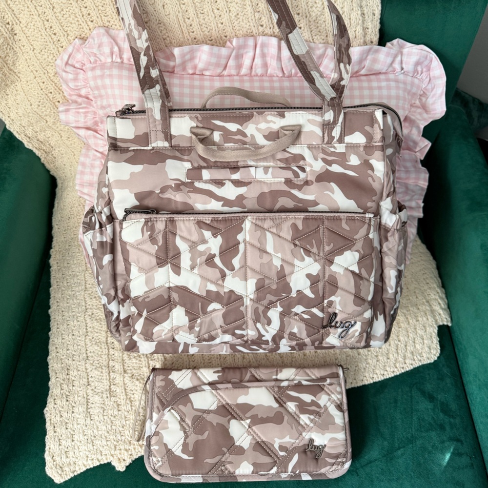 Lug Camouflage Quilted Tote in Brown and Cream with travel wallet